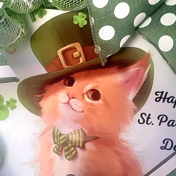 St. Patrick's Day Irish Cat Deco Mesh Bow Wreath - Picture 4 of 8